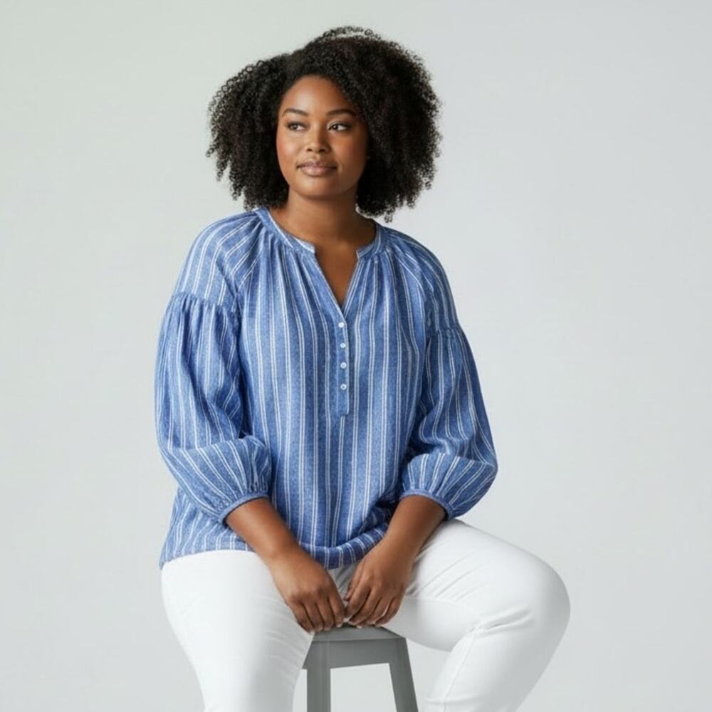NWT Talbots 100% Linen Blouse Blue White Stripes Long Sleeve Coastal Nautical XL